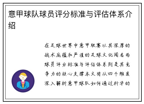 意甲球队球员评分标准与评估体系介绍